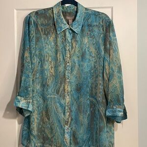 Chico’s Size 3 Turquoise Print Button Front 3/4 Sleeve Poly Lightweight Sidevent